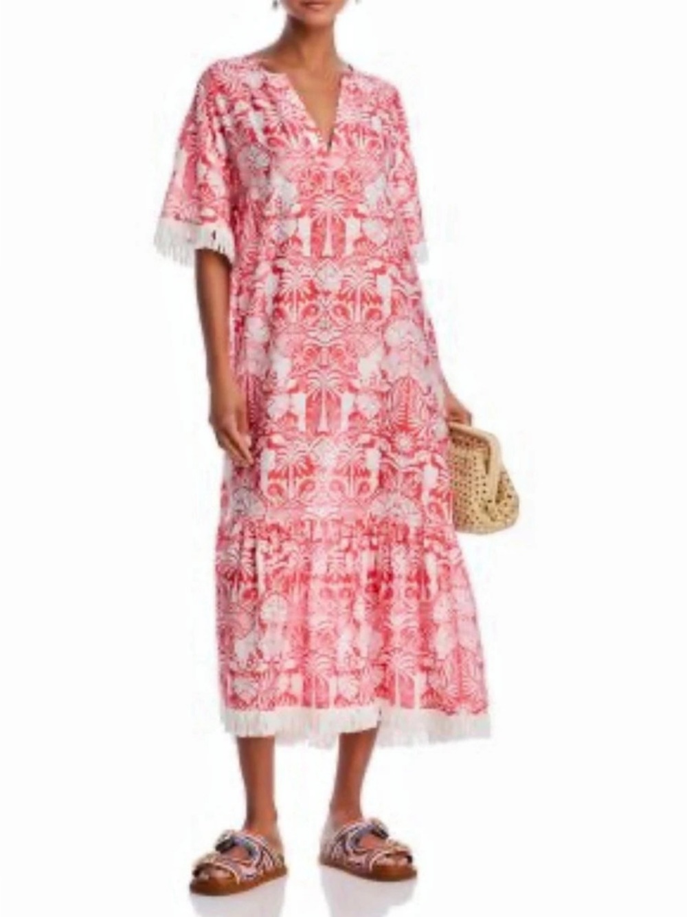 The White Lotus x Aqua Floral Fringe Midi Dress in Pink & White Size Small